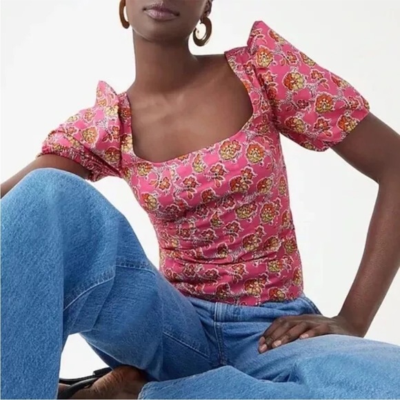J Crew Puff sleeve squareneck top in Ratti Fine Italian Fabric pink blooms 2 NEW - Picture 2 of 11